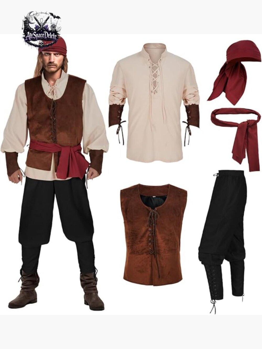 Men's 5pc Medieval Pirate Costume Set Halloween Outfit